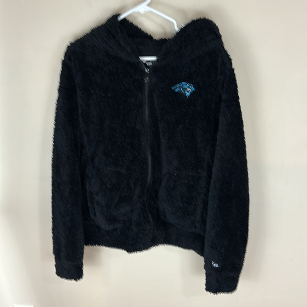 NFL Team Apparel Fuzzy Black Full Zip Carolina Panthers Hoodie Jacket Size Large